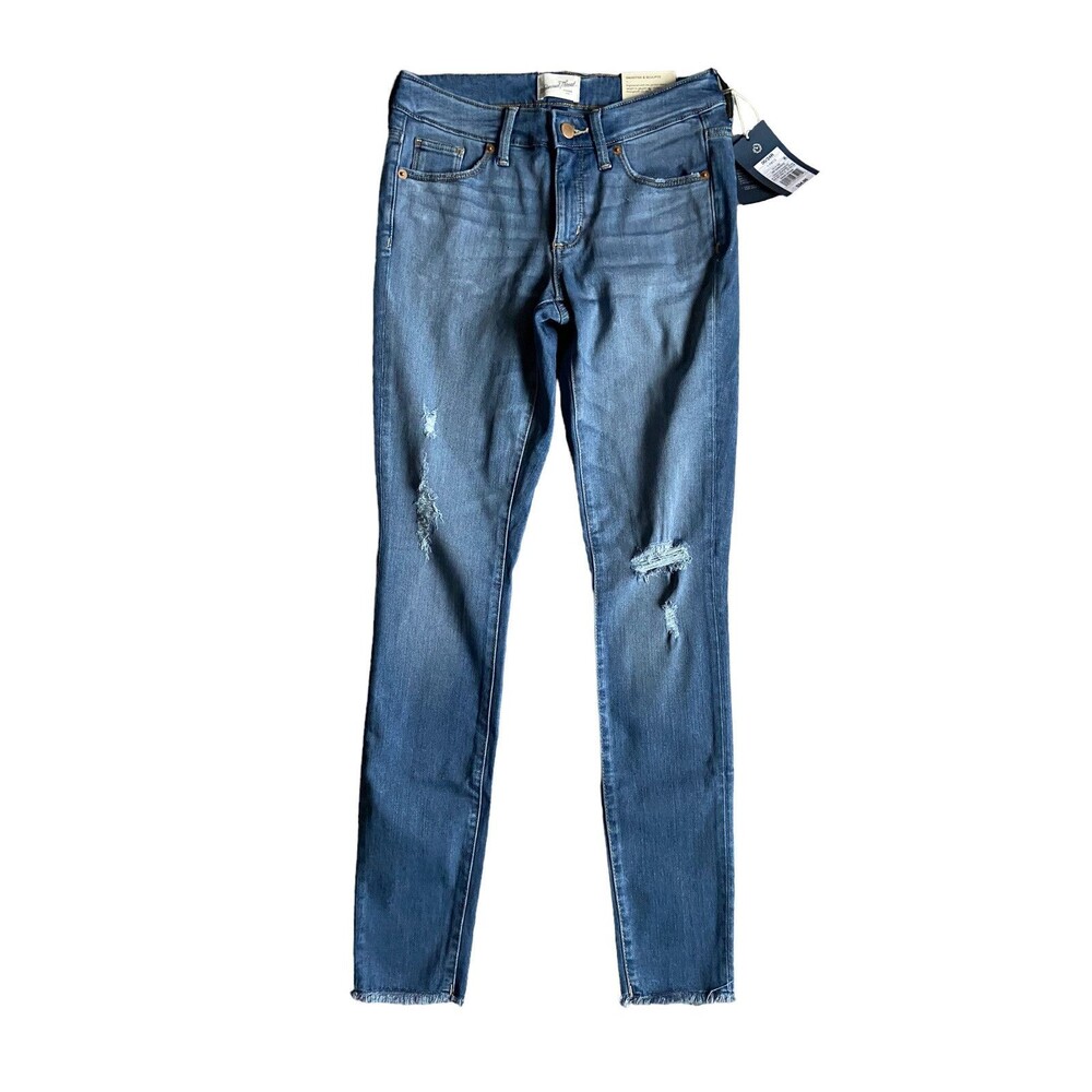 Womens Mid Rise Skinny Jeans Size 00 Blue‎ Distressed Raw Hem Sculpting Stretch
